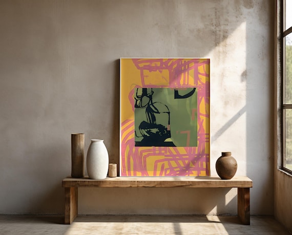 Pink & Yellow Abstract with Olive Green | Framed Poster