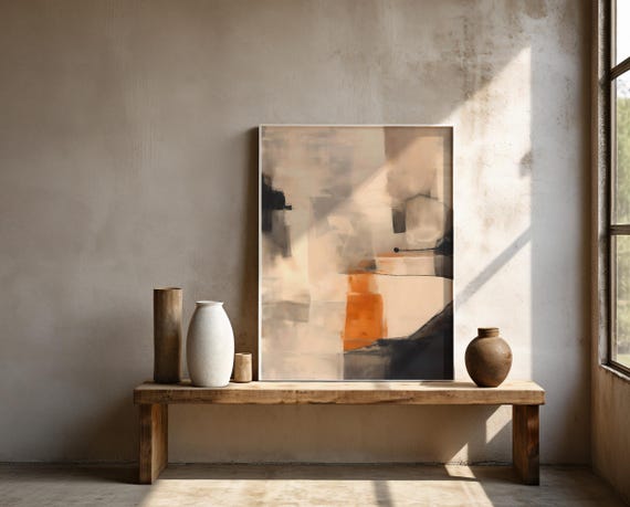 Warm Neutral Abstract with Soft Orange Accent – Framed Poster