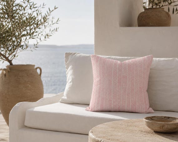 Blush Pink Mark Print Outdoor Throw Pillow | Abstract Dash Pattern - UV Resistant Patio Cushion