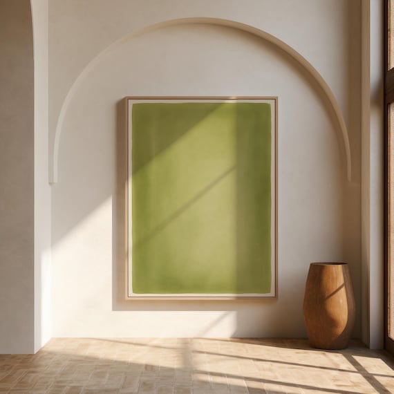 Olive Color Field Wall Art | Soft Moss Wash – Framed Canvas Print