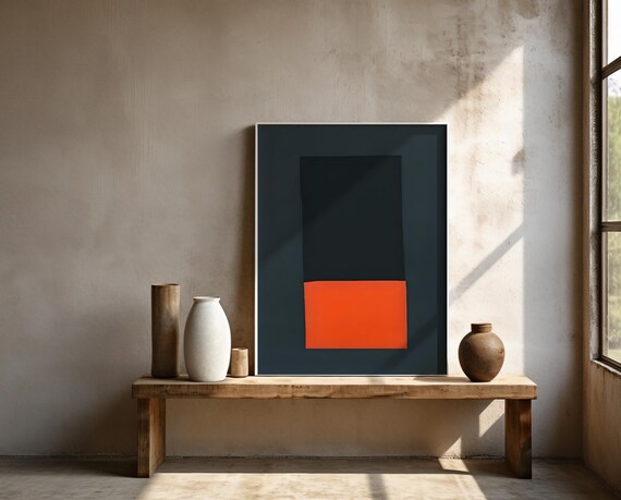 Dark Blue Slate & Orange Minimal Abstract Wall Art – Framed Poster