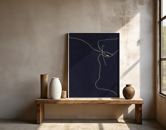 Midnight Abstract Line Art | Minimal Modern Navy Wall Decor | Framed Poster
