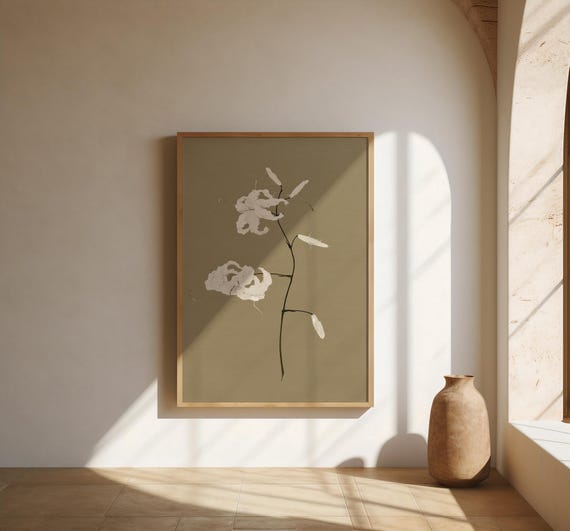 White Botanical Wall Art | Floral Stem on Warm Taupe – Fine Art Poster Print