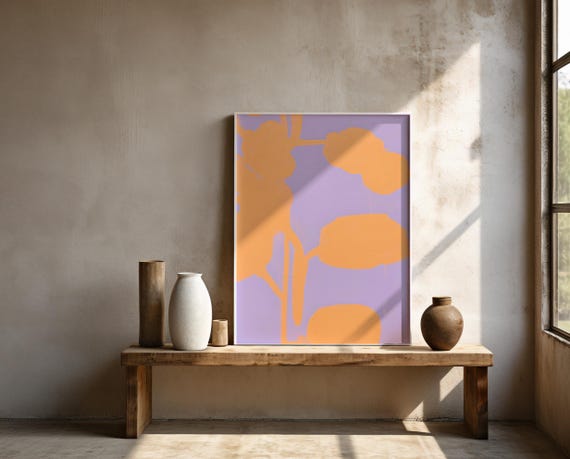 Peach and Lavender Botanical Wall Art | Bold Floral Silhouette – Framed Poster | Ready to Hang