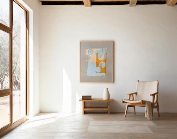 Soft Blue Abstract with Warm Golden Orange | Digital Download