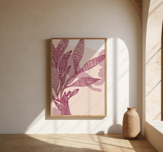 Magenta Botanical Leaf Wall Art | Blush Watercolor Drawing – Fine Art Poster Print