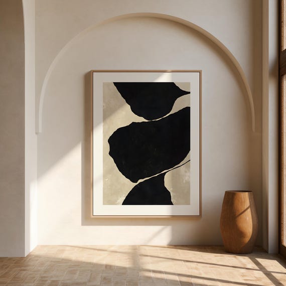 Abstract Black Shapes Minimalist Art Print | Neutral Beige Modern Wall Decor | Digital Download