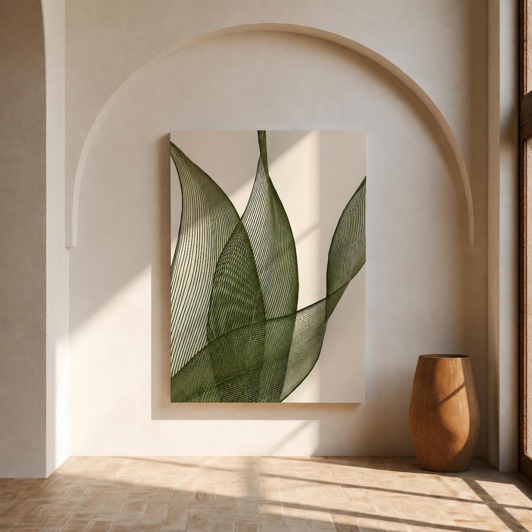 Olive Green Leaf Wall Art | Fine Line Abstract Botanical – Canvas Print ...