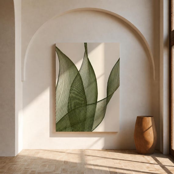 Olive Green Leaf Wall Art | Fine Line Abstract Botanical – Canvas Print