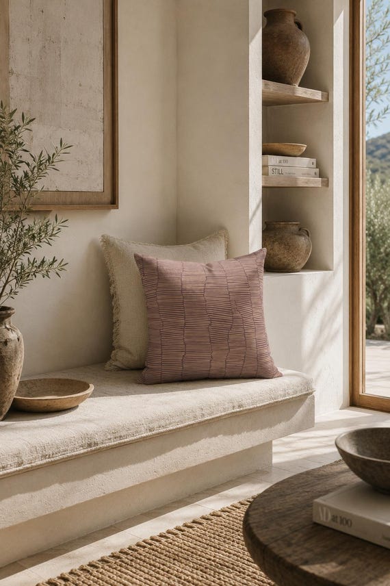 Mauve and Sand Stripe Outdoor Pillow | Tonal Wave Pattern – UV Resistant Patio Cushion