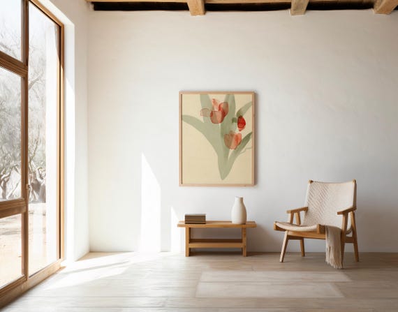 Red Tulip Watercolor Print | Minimalist Botanical Wall Art (Digital Download)