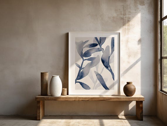 Blue Botanical Watercolor Print: Abstract Leaf Art, Unframed