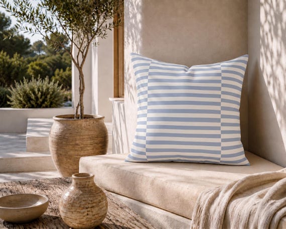 Periwinkle and Off-White Stripe Outdoor Pillow | Coastal Classic – UV Resistant Patio Cushion