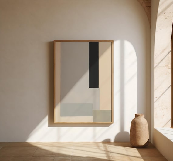 Light Grey Color Block Wall Art | Cream Black Geometric – Fine Art Poster Print