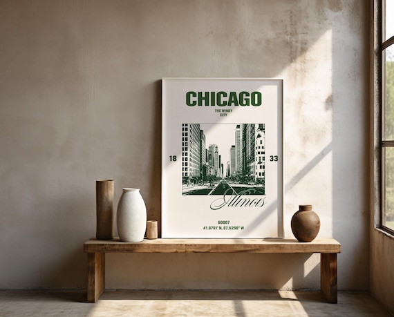 Chicago Green Cityscape Wall Art | Windy City Travel Decor | Framed Poster