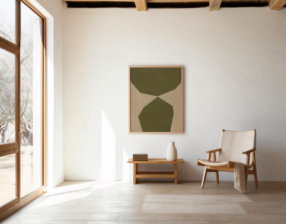 Olive Green Abstract Art Print | Minimalist Geometric Shapes (Unframed)