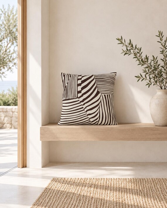 Brown Abstract Outdoor Pillow | Cream Stripe Pattern – UV Resistant Patio Cushion