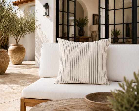 Khaki Pinstripe Outdoor Pillow | Cream Stripe Pattern – UV Resistant Patio Cushion