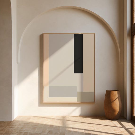 Neutral Geometric Wall Art | Beige Greige Charcoal Abstract | Framed Canvas Print