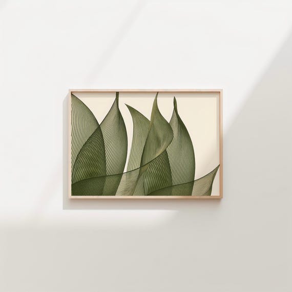 Framed Sage Green Leaf Line Art Poster - Modern Minimalist Wall Decor