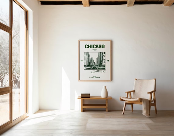 Chicago Green Cityscape Poster Print | Windy City Travel Wall Art | Digital Download