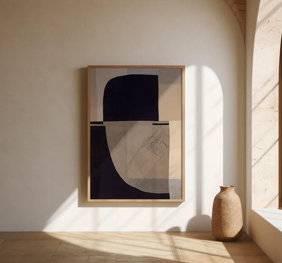 Geometric Navy & Beige Abstract | Minimal Modern Line Artwork | Fine Art Poster (Unframed)