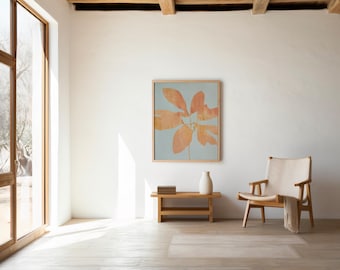 Decoración de pared botánica color melocotón / Hoja grande sobre fondo azul claro – Imprimible / Descarga instantánea