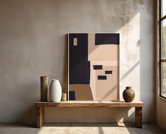 Neutral Black and Beige Abstract Minimalist Wall Art – Framed Poster