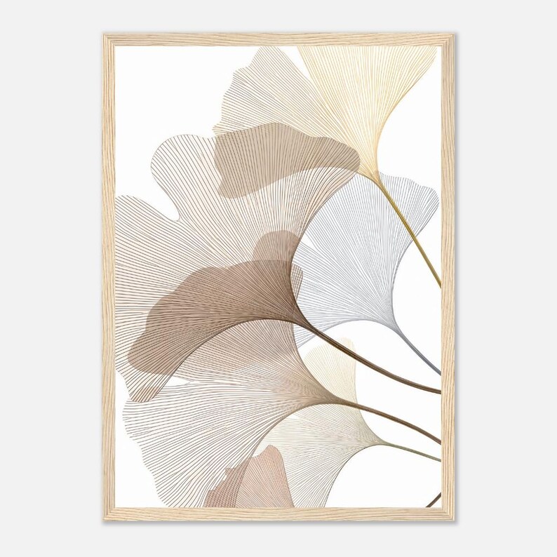 May include: A framed art print featuring a botanical design of overlapping ginkgo leaves. The leaves are rendered in shades of brown, beige, and gray with delicate line details. The artwork is set against a white background.