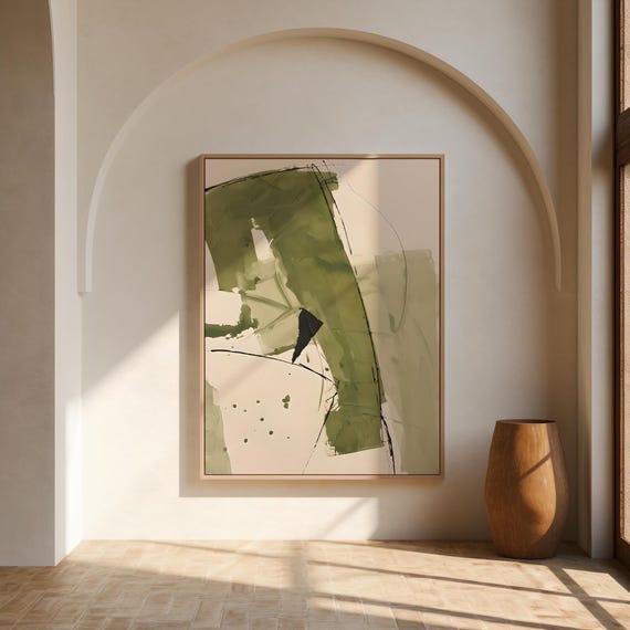 Olive Green and Cream Wall Art | Abstract Brushstroke – Canvas or Framed Canvas