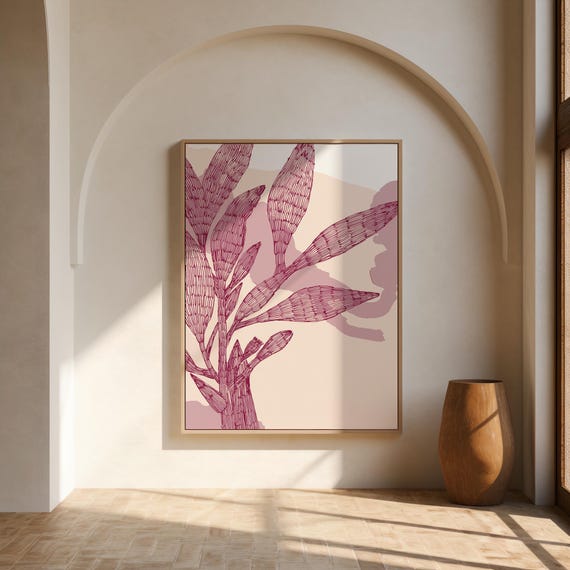 Magenta Botanical Leaf Wall Art | Blush Watercolor Drawing – Framed Canvas Print