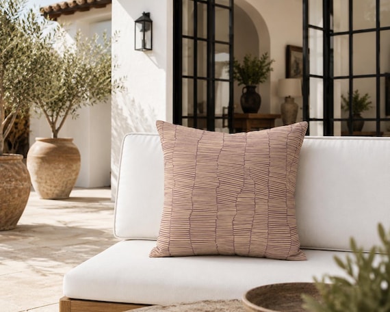 Mauve and Sand Stripe Outdoor Pillow | Tonal Wave Pattern – UV Resistant Patio Cushion