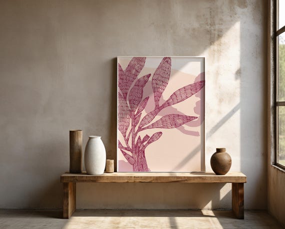 Magenta Botanical Leaf Wall Art | Blush Watercolor Drawing – Framed Poster | Ready to Hang