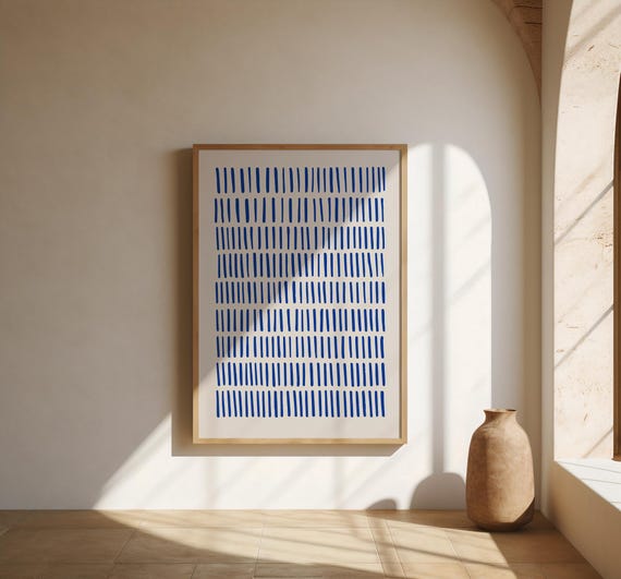 Cobalt Blue Line Wall Art | Minimal Vertical Dash Pattern – Fine Art Poster Print