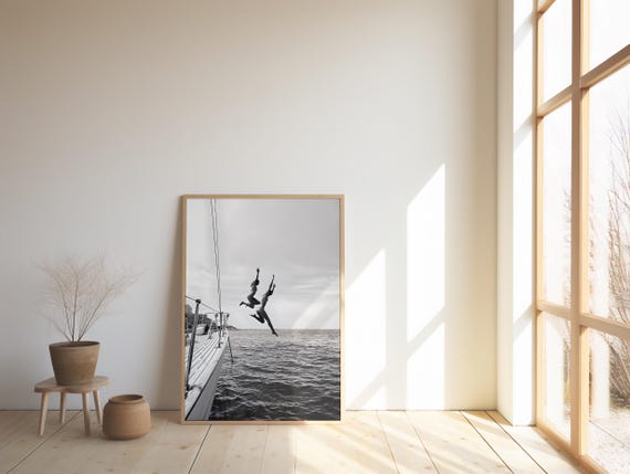 Monochrome Yacht Jump: Girls' Sailing Adventure - Digital Download Wall Art Print