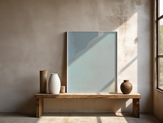 Framed Poster: Soft Coastal Abstract, Blue Sand Minimalist Framed Fine Art Print