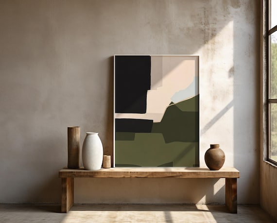 Black and Olive Green Wall Art | Geometric Mountain Abstract – Framed Poster | Ready to Hang