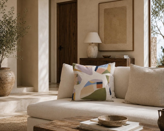 Colorful Collage Outdoor Pillow | Abstract Geometric Shapes – UV Resistant Patio Cushion