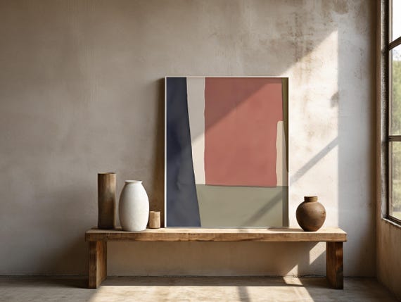 Framed Poster: Modern Geometric Clay Pink & Navy Abstract Art · Neutral Minimal Wall Decor
