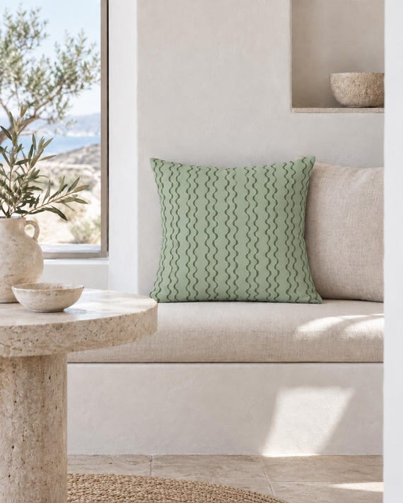 Sage Green Wavy Outdoor Pillow | Vertical Stripe Pattern – UV Resistant Patio Cushion