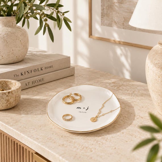 Personalized Ring Dish | Custom Initials, Name & Date – Ceramic Jewelry Tray