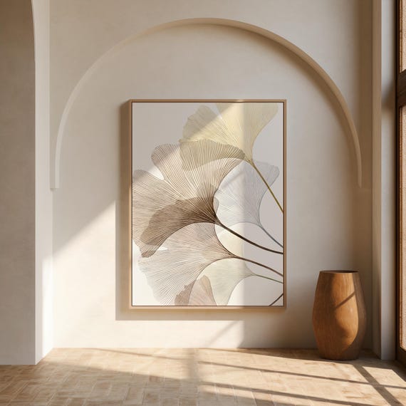 Neutral Ginkgo Leaf Print, Minimalist Japandi Wall Art (Digital Download)