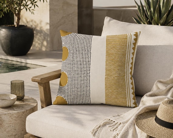 Mustard and Black Block Print Outdoor Pillow | Graphic Pattern – UV Resistant Patio Cushion