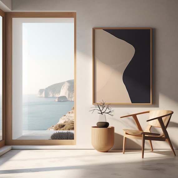 Framed Poster: Minimalist Neutral Abstract | Beige Navy Modern Wall Art