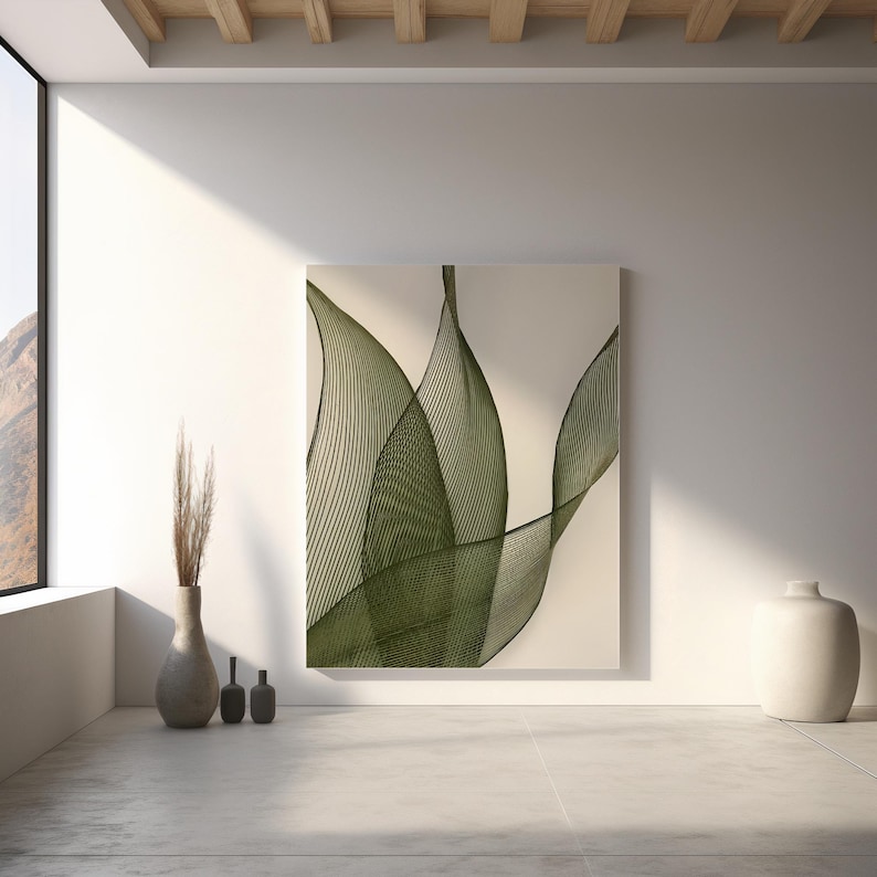Olive Green Leaf Wall Art | Fine Line Abstract Botanical – Canvas Print ...