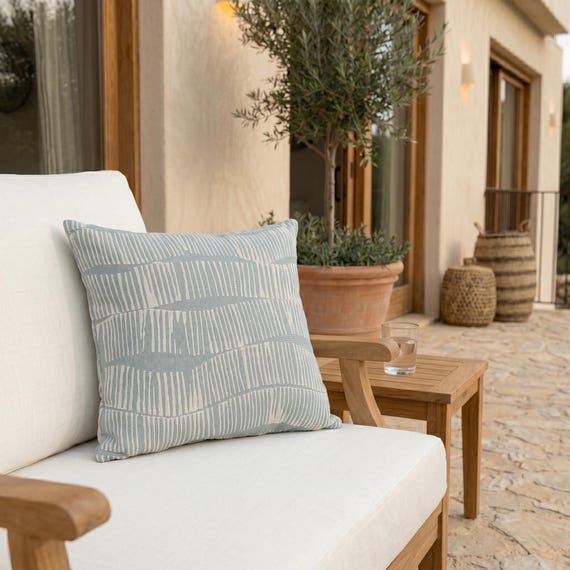Dusty Blue Outdoor Pillow | White Mark Pattern – UV Resistant Patio Cushion