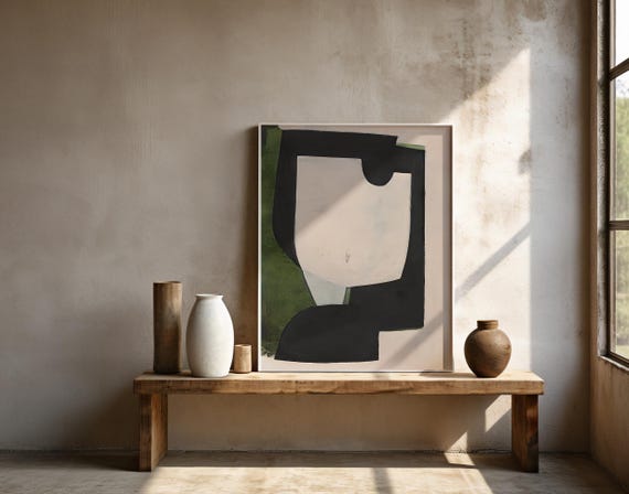 Abstract Black Green Wall Art | Organic Modern Shapes | Framed Poster