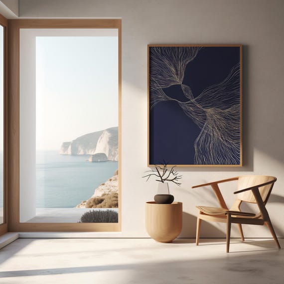 Navy Abstract Line Flow Art | Modern Minimal Movement Print | Digital Download