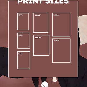 K&ouml;nnte beinhalten: Grafik mit Druckgr&ouml;&szlig;en auf braunem Hintergrund. Der Text "PRINT SIZES" steht oben. Rechteckige Umrisse zeigen Gr&ouml;&szlig;en: 12,7x17,8cm, 20,3x25,4cm, 22,9x30,5cm, 27,9x35,6cm, 40,6x50,8cm, 45,7x61cm und 61x91,4cm. Das Logo "casa salta" befindet sich unten.