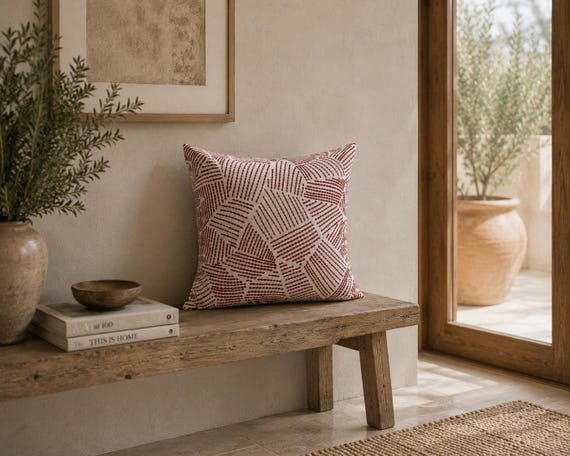 Burgundy and Cream Outdoor Pillow | Dash Block Pattern – UV Resistant Patio Cushion
